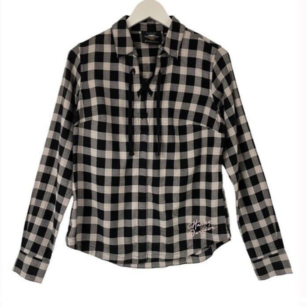 Harley Davidson Script Front Laced Brushed Flannel Plaid Shirt Sexy Sweet Small
